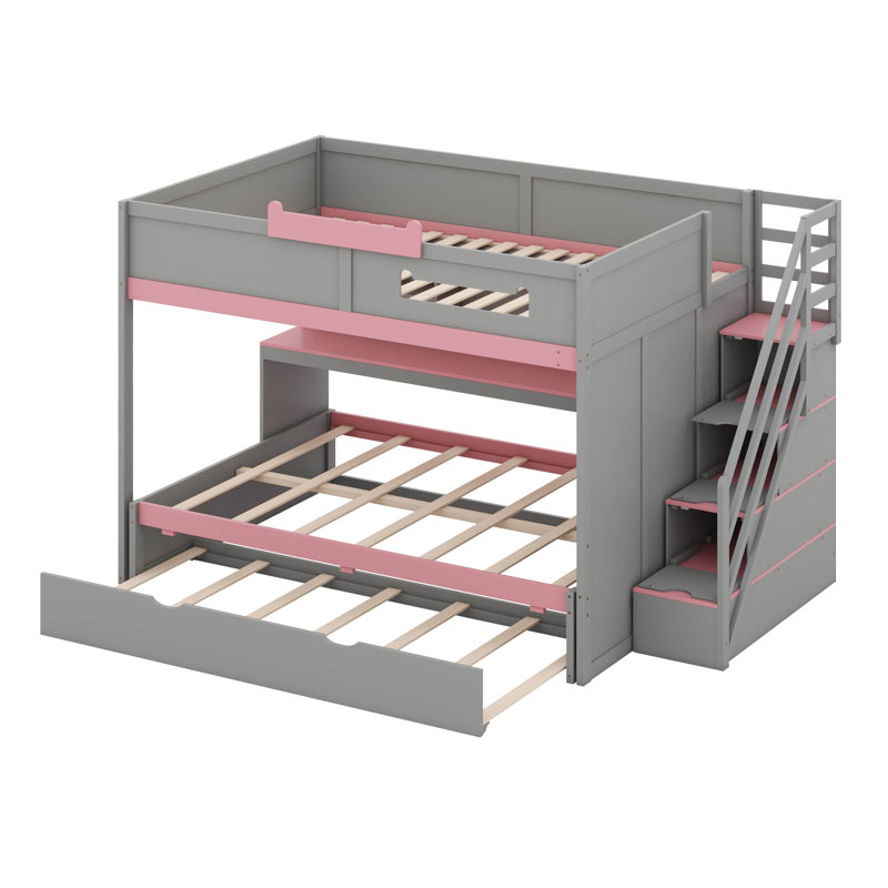 Lit superposé double avec lit gigogne et escalier, lit superposé en bois avec tablettes de rangement et DEL, Gris