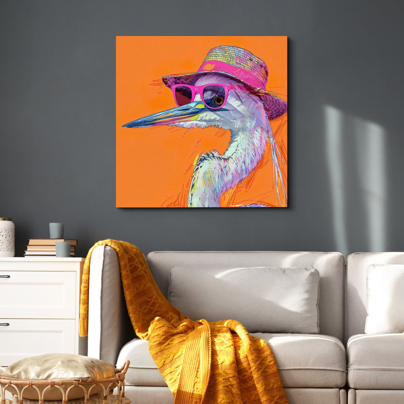 «Bright BCBG» vif orange héron avec chapeau et lunettes de soleil, Toile tendue, H 24 po x l 24 po