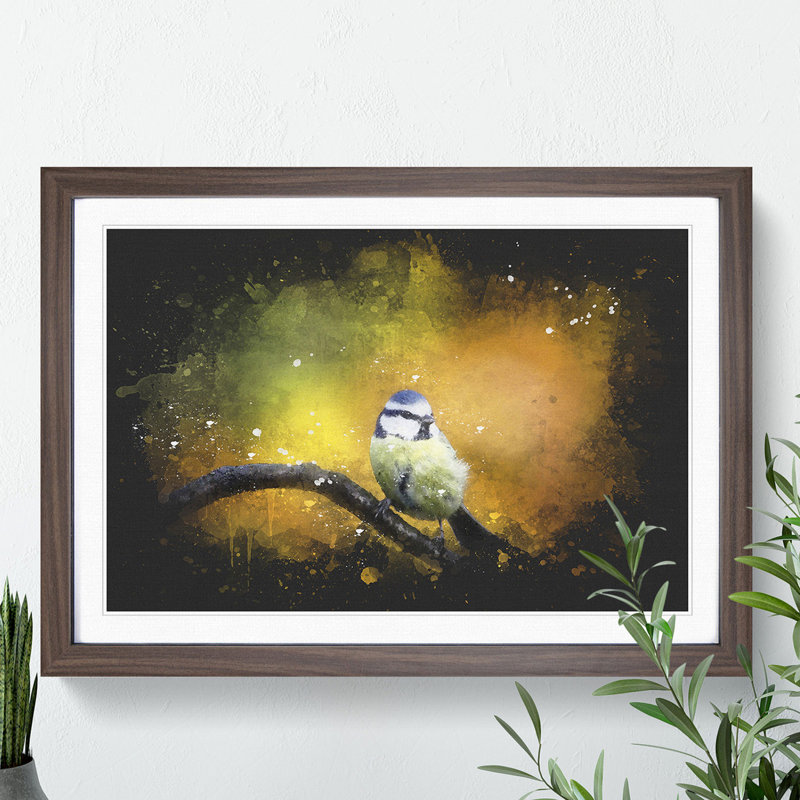 Blue Tit Bird Vol.2 Paint Splash - Picture Frame Graphic Art, 36cm H x 48cm W x 2cm D, Walnut