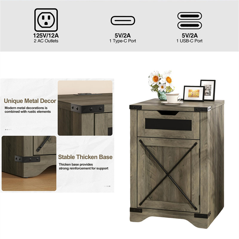Table de chevet Vintage Farmhouse avec station de charge - Table d'appoint rustique avec tiroir et porte de grange en forme de X
