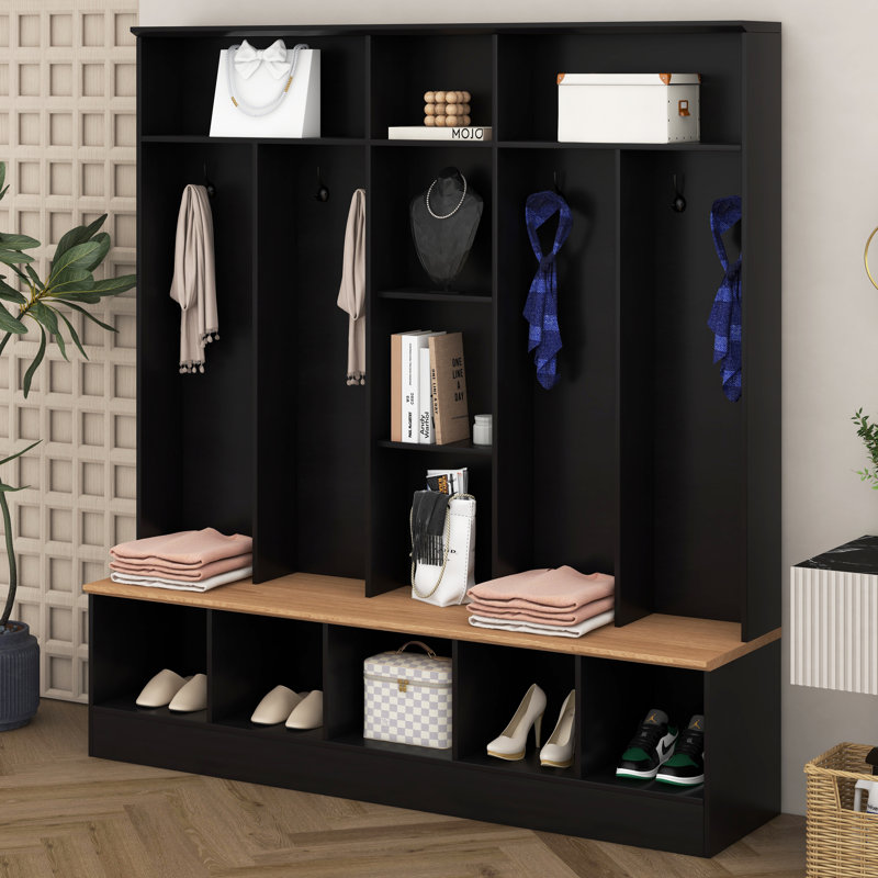 Wide Design Hall Tree With Storage Bench,Shoe Cabinet With Cube Storage & Shelves, Multifunctional Coat Rack With 8 Hooks