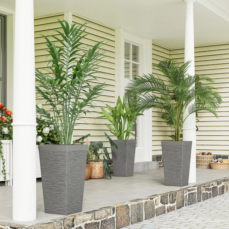 Ensemble de 3 pots de fleurs empilables en PP, pots de fleurs en faux pierre avec roues et trous de drainage, Gray