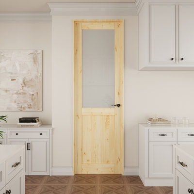Porte intérieure en bois de pin et verre givré demi-Lite, porte pré-suspendue en bois massif naturel Colonial, avec joint d'étanchéité, bande d'étanchéité, ouverture à gauche, charnières noires et poignée courbée, porte non finie et à peindre, pour garde-manger, chambre à coucher, salle de bain et garde-robe, 24 po x 80 po