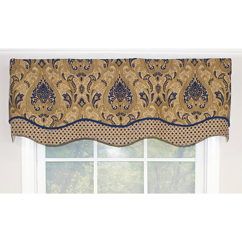 Paisley Cotton Blend Damask Scalloped Window Valance, Blue