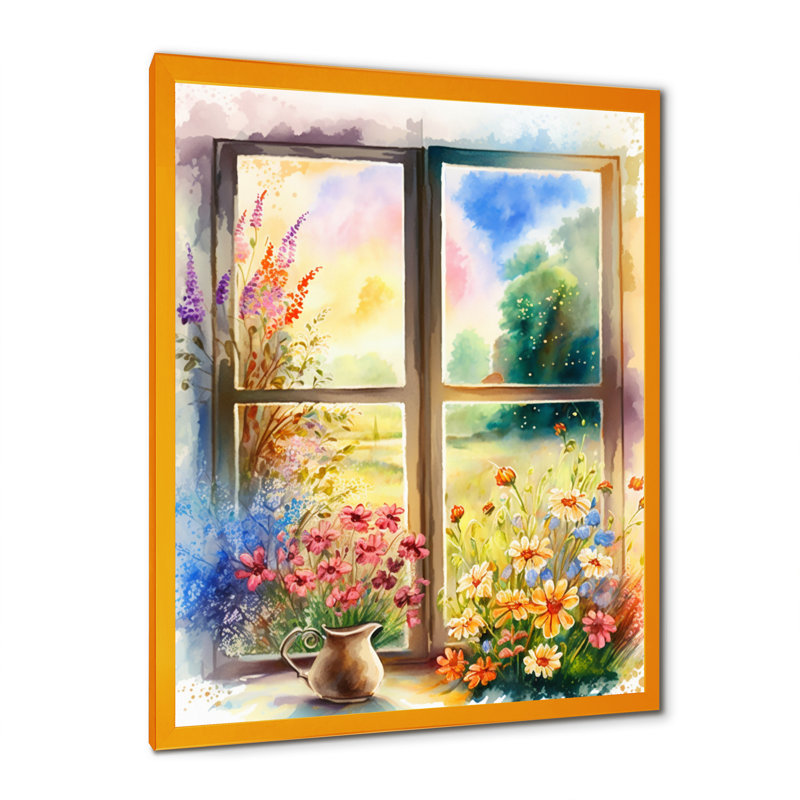 Été coucher de soleil floral fenêtre IV - impression, Encadrement doré, H 40 po x l 30 po x P 1,5 po