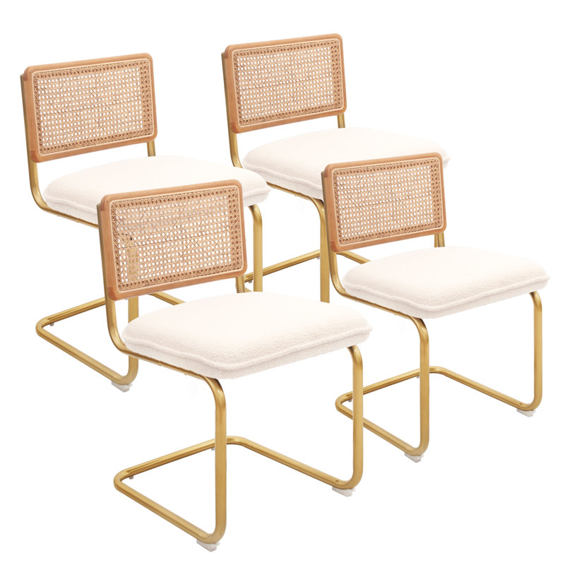 Set of 4 Mid-Century Modern Rattan Dining Chairs, Upholstered Cream Fleece Armless Kitchen & Dining Room Chairs with Woven Back & Gold Metal Legs for Home, Restaurant & Breakfast Nook