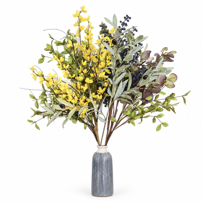 Branches mixtes de 36 po Forsythia, fausses feuilles d'olivier, eucalyptus et baies pour arrangement floral