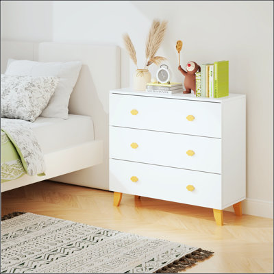Commode enfant charmante à 3 tiroirs, poignées en bois en forme de nuage et pieds en pin, idéale pour la chambre d'enfant, blanche.