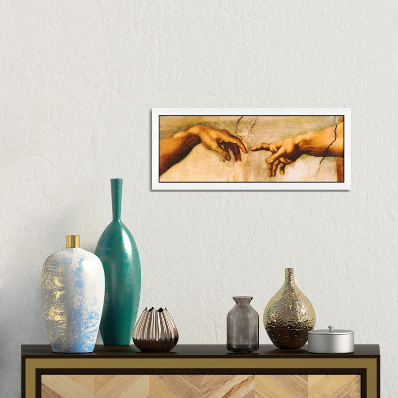 The Creation Of Adam by Michelangelo - Panoramic Painting on Canvas, White Framed, 30.48 cm H x 91.44 cm W