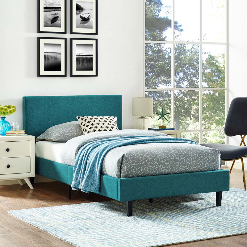 Modway Bed Frame, Twin, Teal Plainweave