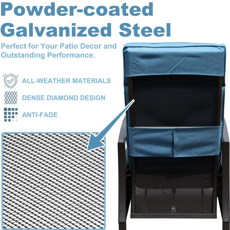 Fauteuil inclinable d'extérieur avec structure en métal et table pliante, bleu marine, capacité de soutien de 350 lb