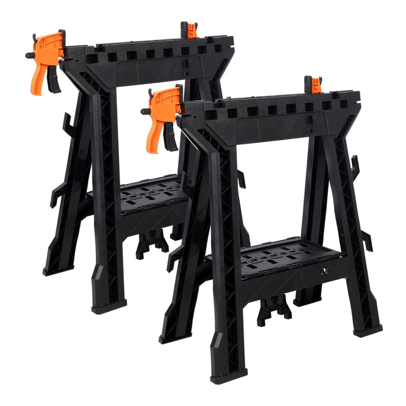 Ensemble de 2 chevalets pliants robustes avec pinces intégrées - capacité de charge de 2 200 lb, établi en plastique portatif pour garage et atelier