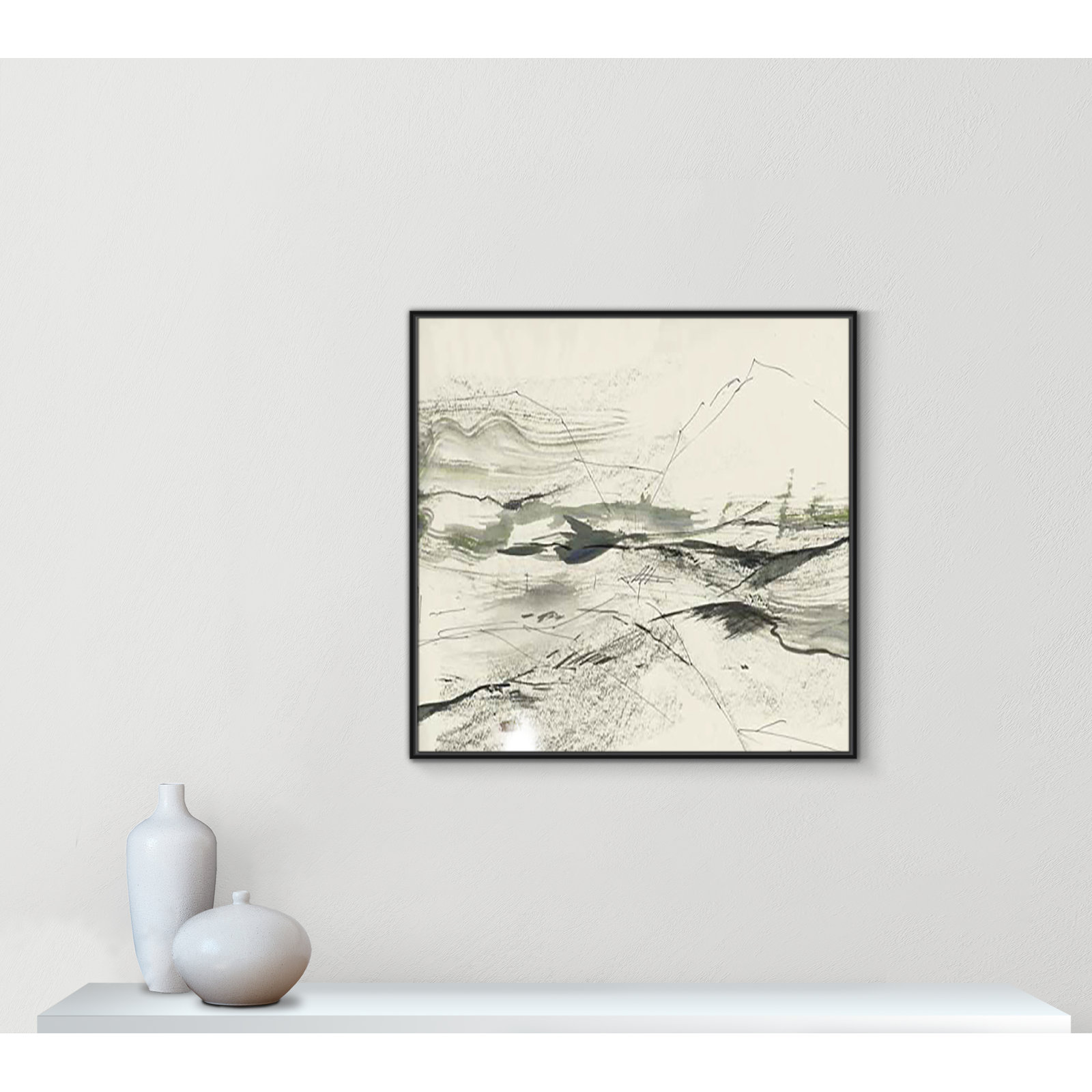 Green Sketches Print, 37.5" H x 37.5" W x 2" D, Black Floater Framed