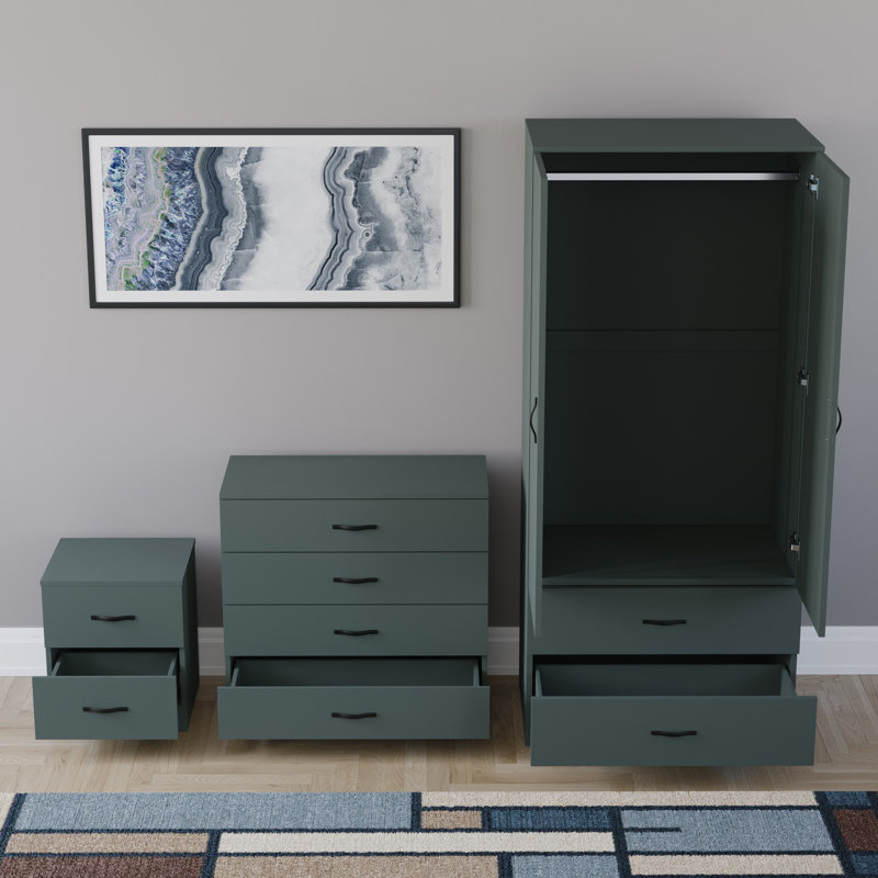 Maybery 3 Piece Bedroom Set (2 Drawer Bedside Chest, 4 Drawer Chest, 2 Door 2 Drawer Wardrobe), (4), Green
