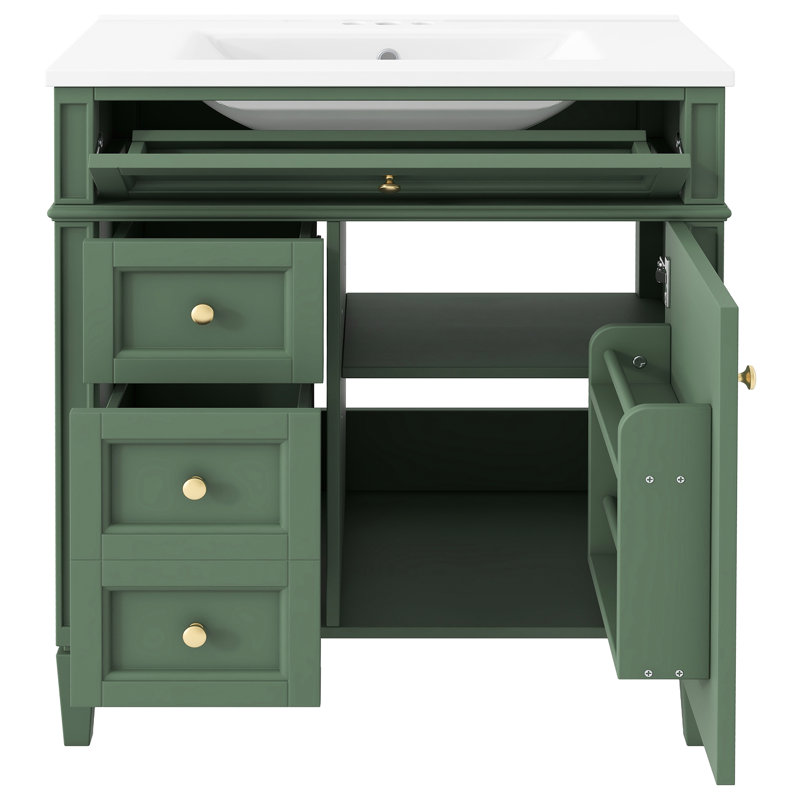 Meuble-lavabo de 30 po avec lavabo supérieur Wincott, 2 tiroirs, 1 tiroir coulissant, fonctions de rangement variées, pieds romains exquis, 3 portes d'armoire en céramique faciles à assembler, tiroir en métal lisse