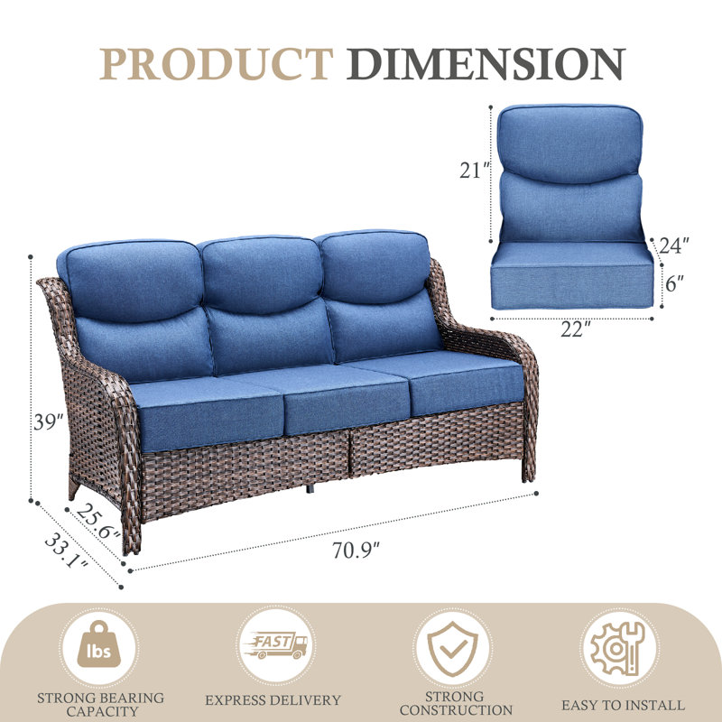 Canapé d'extérieur rotin en osier de 71 po avec coussins de 6 po Deb, Bleu, Brun
