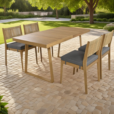 Ensemble de salle à manger de patio 5 pièces en bois d'acacia, pieds en forme de U, plateau de table rectangulaire à lattes, chaises rembourrées en PEHD