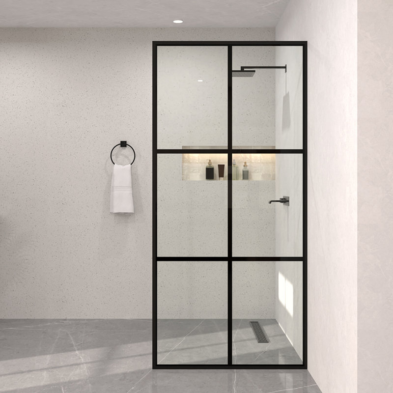 Hilma 34 In. W X 72 In. H Fixed Framed Shower Door In Matte Black Finish With Patterned Glass