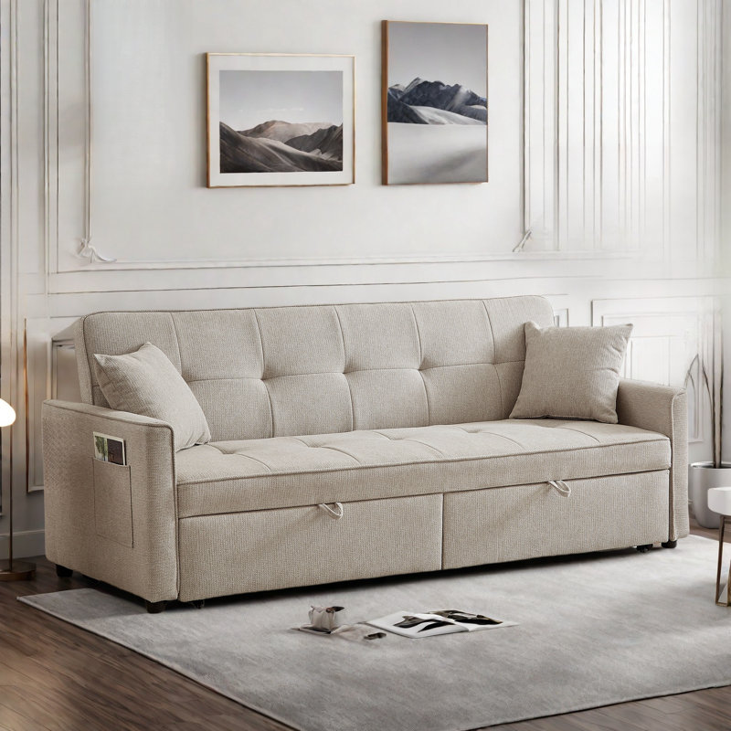 3 In 1 Convertible Sleeper Sofa Bed With Reclining Backrest, Pillows And Side Pockets, Beige