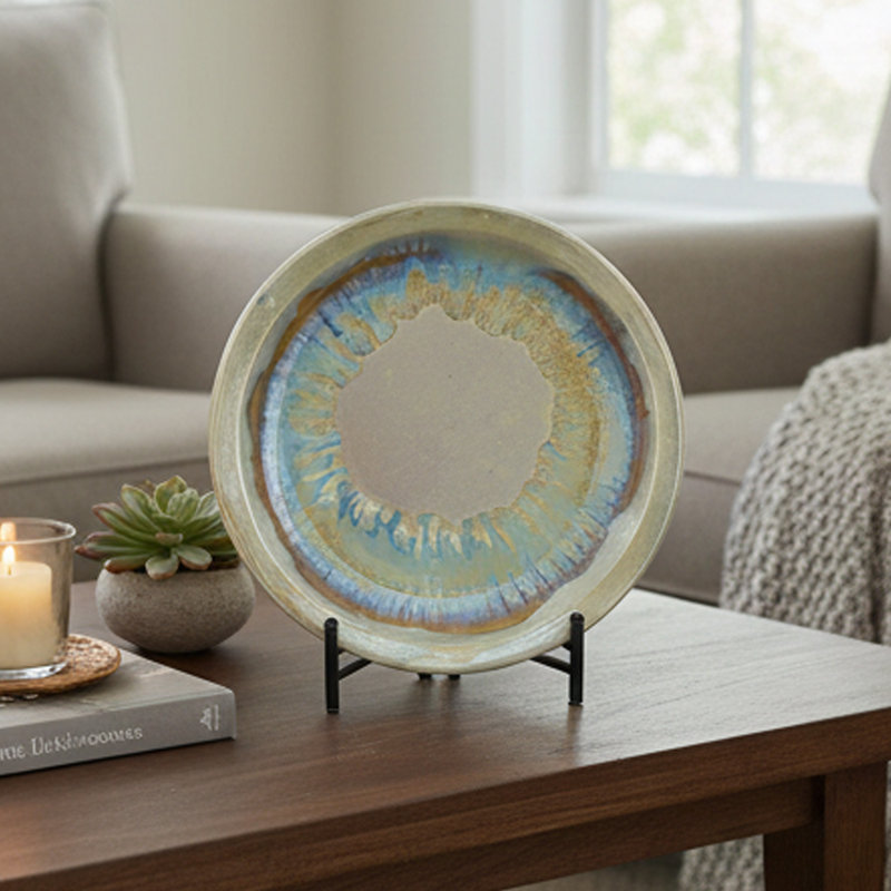 Plat décoratif avec support Duke, céramique beige bleue 18 pouces