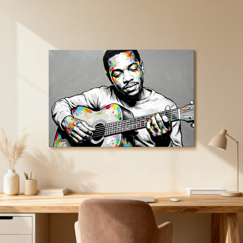Colourful Guitarist With Paint Splatter Pattern, Wrapped Canvas, Does Not Apply, 20" H x 30" W