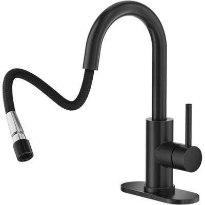 Pull Down Sprayer Matte Black Bathroom Faucet, Single Handle Single Hole Bathroom Sink Faucet With 4 Inch Deck Plate, Metal Pop-Up Drain And Water Supply Lines