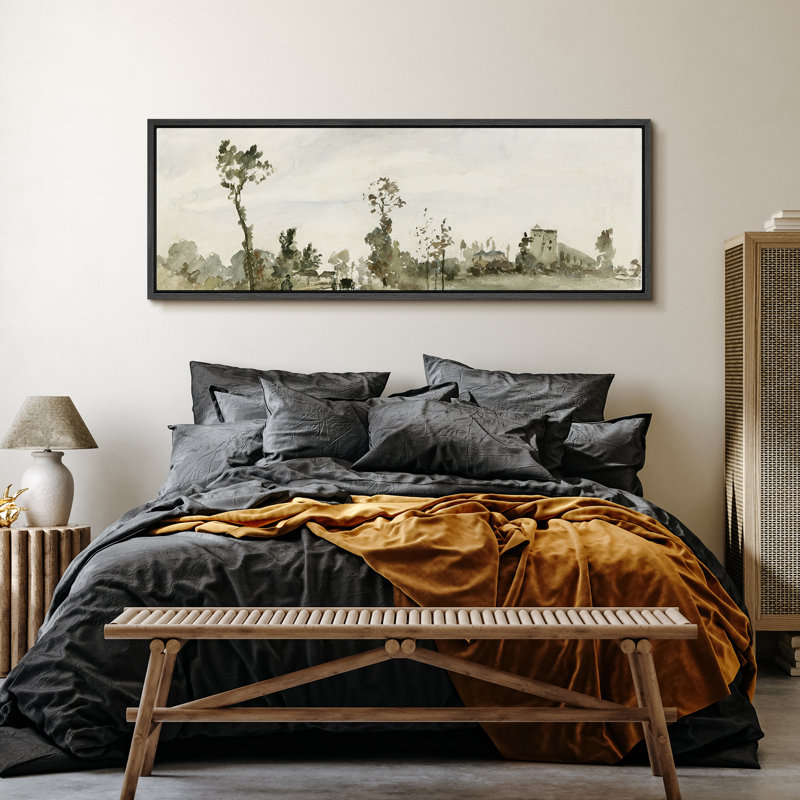 Paysage de campagne paisible à l'aquarelle, H 20 po x l 60 po, Noir, noir, noir, noir