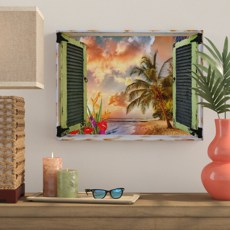 Tropical Sunset Beach View Canvas Print with Green Shutters
