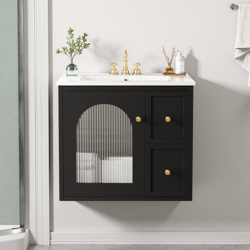 Meuble-lavabo mural 24 po avec lavabo et rangement en céramique, Noir