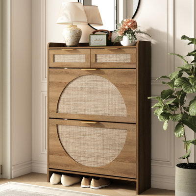 Anteus 16 Pair Arch Rattan Shoe Storage Cabinet with 2 Flip Drawers 2 Storage Drawers