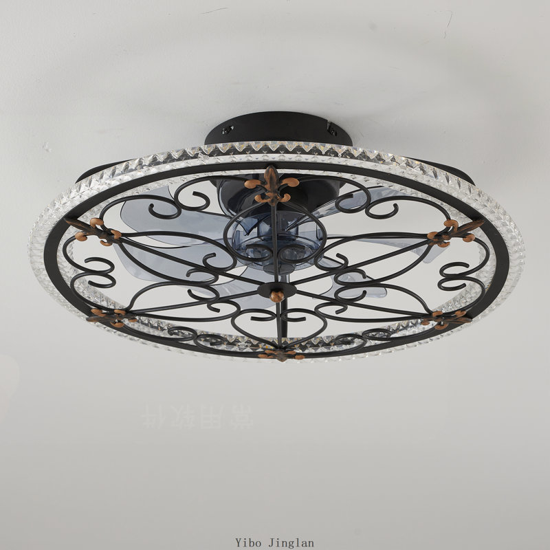Rustic Black Caged Ceiling Fan with Light and Remote, Low Profile LED Flush Mount