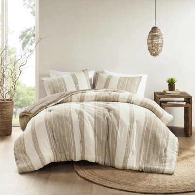 Édredon 3 pièces pour lit double / grand lit - tons terreux, textures gaufrées et gaze, coton doux des deux côtés, couverture améliorée, chaleur uniforme et relaxante avec rayures, tissu 100%, duveteux, facile d'entretien