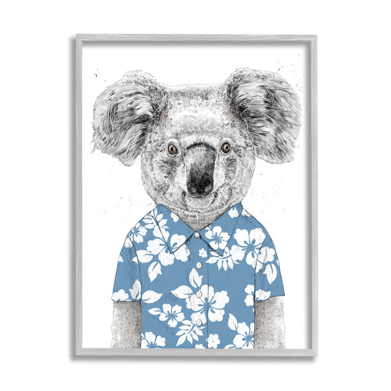 Chemise Aloha monochrome bleue koala Hibiscus Botanicals par Balazs Solti, L 16 po x H 20 po, Estampe numérique Farmhouse
