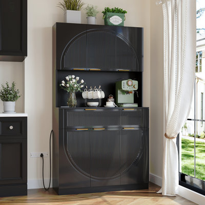 Armoire de garde-manger pour le salon, armoire de rangement pour garde-manger de 71 po avec tiroirs et portes, armoire à huche avec support à micro-ondes et prises de courant