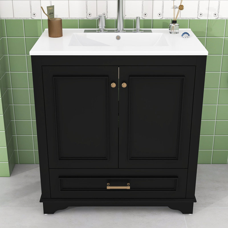 Meuble-lavabo de salle de bain avec lavabo, tiroir de rangement et 2 portes à fermeture douce, Noir
