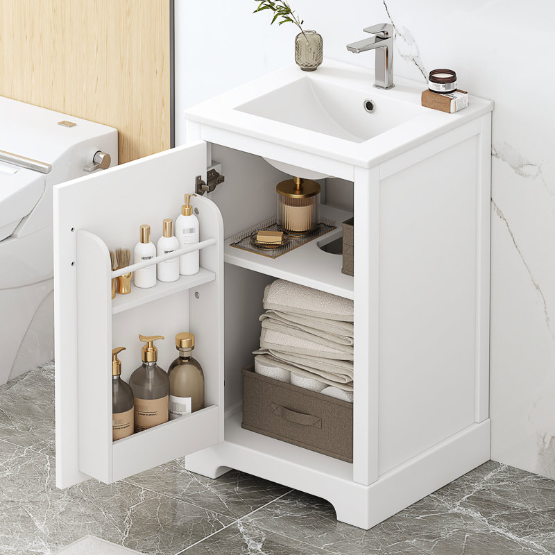 Meuble-lavabo blanc de 20 po avec lavabo, porte à fermeture douce, rangement, poignée noire, simple autoportant, moderne avec support de rangement, tablette réglable, finition peinte