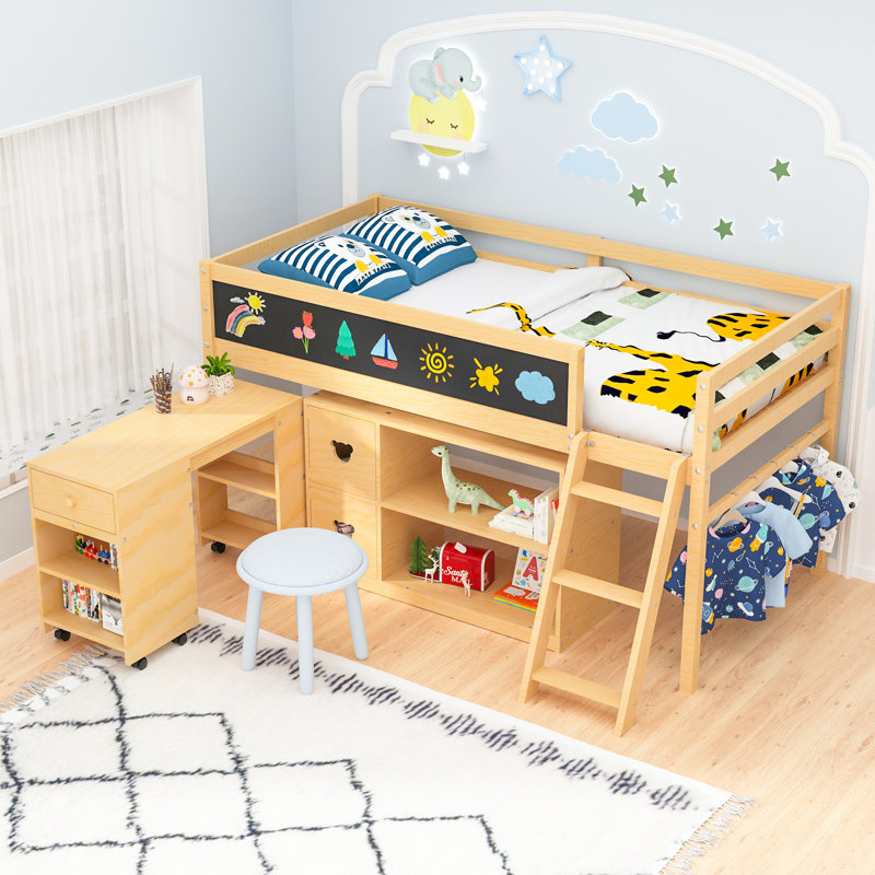 Twin Size Low Loft Bed with Desk & Storage, Natural