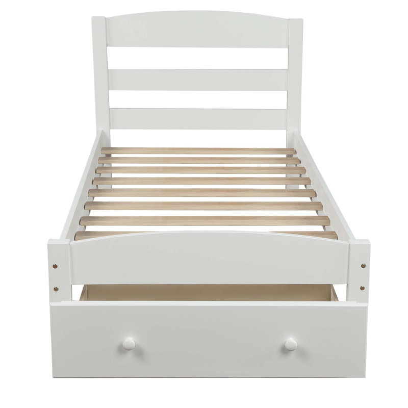 Structure de lit robuste en bois de pin avec tiroir de rangement et support de lattes intégré, aucun sommier requis, Blanc