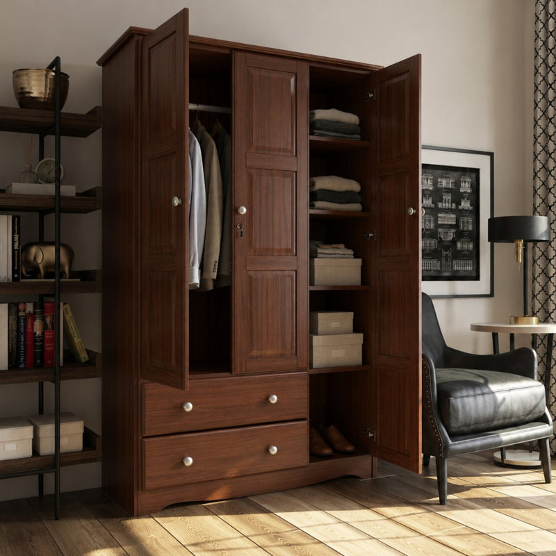 100% Solid Wood Neetu 3-Door Wardrobe with Metal Knobs, Mocha