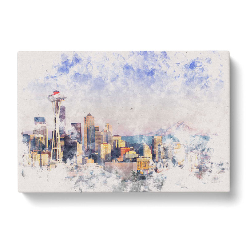 Seattle Skyline Watercolour - Wrapped Canvas Print, 40cm H x 60cm W x 4cm D