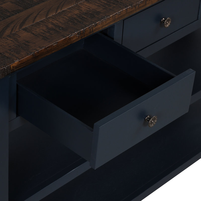Console 48 po avec 3 tiroirs et 2 tablettes - Pin massif bleu pour bureau, tablettes, bureau personnel, assemblage facile