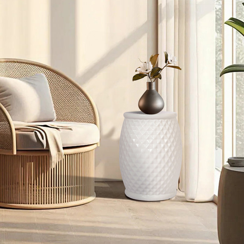 Table d'appoint d'extérieur tambour en céramique, 11", Blanc