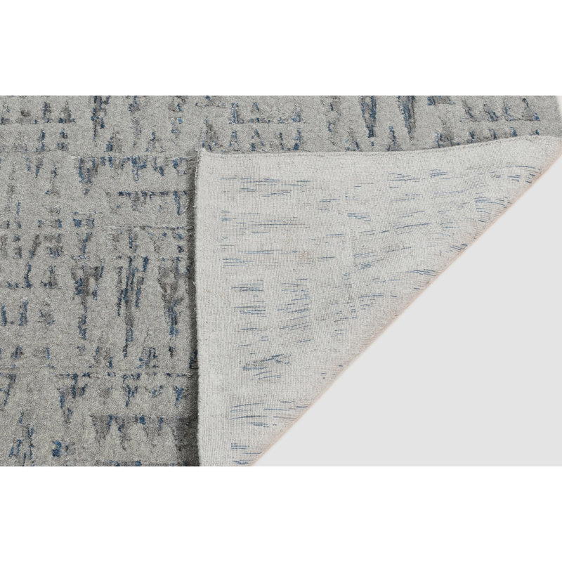 Tapis argent / bleu noué à la main, Rectangle 8 pi x 10 pi