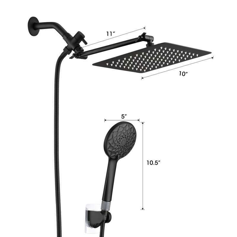 Pomme de douche en acier inoxydable avec bras de fuite à angle réglable de 10 po à fixation murale, Noir mat