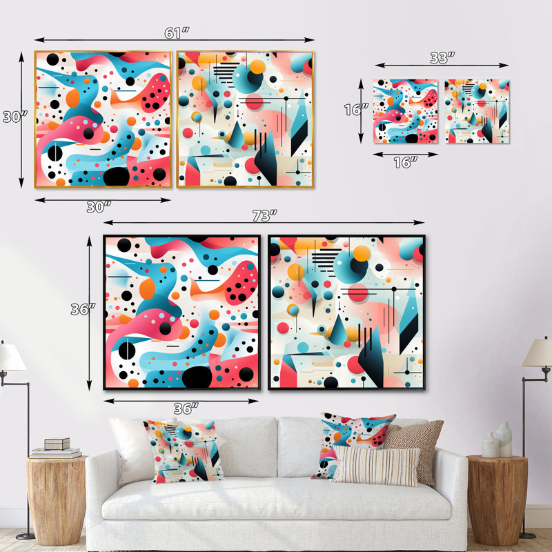 «Pink and Blue 1950S Trendy Patterns I - Abstract Collages Square», ensemble de 2, Cadre flottant noir, H 16 po x l 33 po