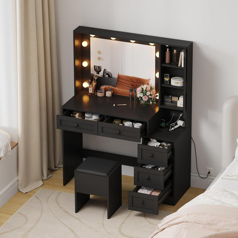Makeup Vanity Stool Set, Small Vanity Desk With Lighted Mirror, Charging Station, Lindsborg Drawers, Black