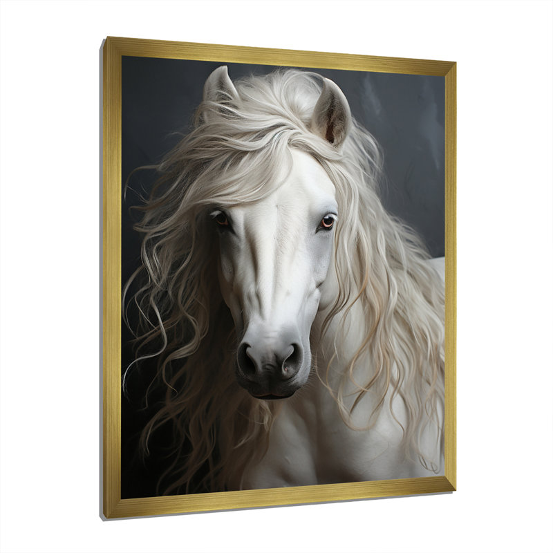 «White Horse Subtle Whispers - Animal Wall Art Living Room», H 32 po x l 16 po x P 1 po, Encadrement doré