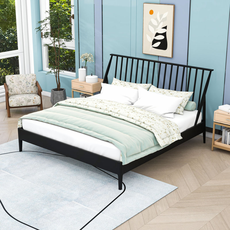 Wood Platform Bed with Headboard, Black, King