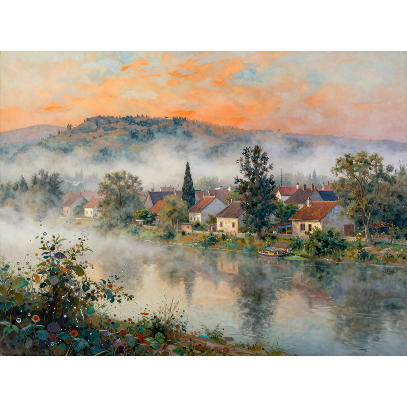 Art mural sur toile Misty Riverside Homes, H 36 po x l 48 po x P 1,5 po