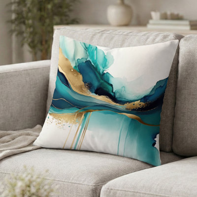 Coussin décoratif avec motif abstrait turquoise et or II - Coussin imprimé à l'encre liquide abstraite